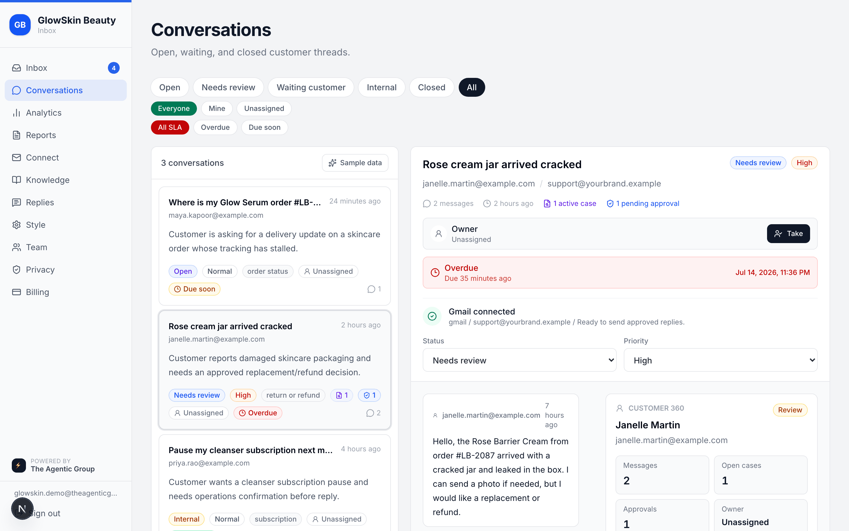 Inbox conversations workspace showing Customer 360, approval context, messages, and Shopify order details.